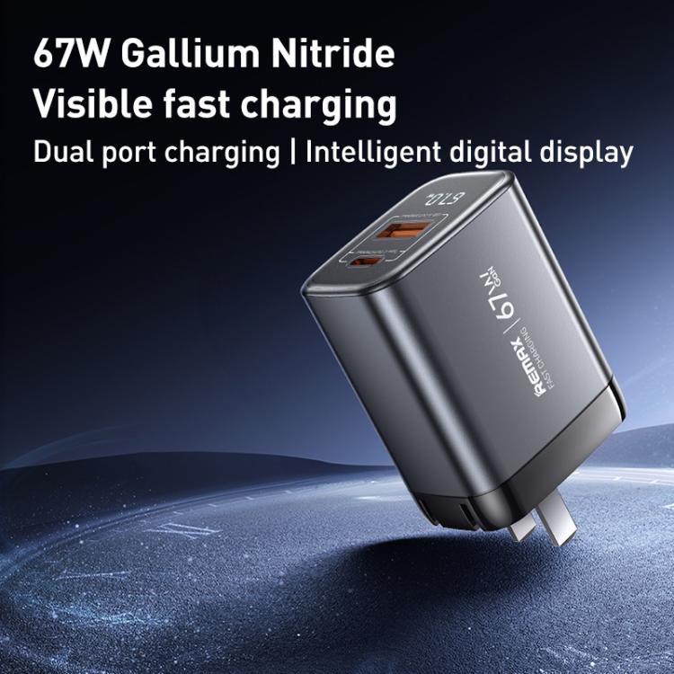 Carregador Rápido REMAX U2-AC 67W USB e Type-C GaN com Ecrã Digital, Ficha UE, Ficha UK