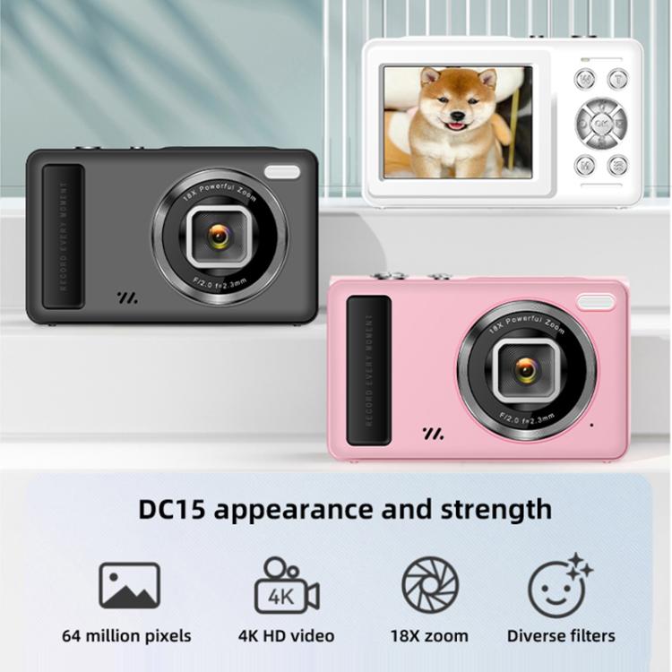 Câmara digital DC15 de 2,4 polegadas com zoom digital 18X, vídeo HD 4K, fotografia 64MP