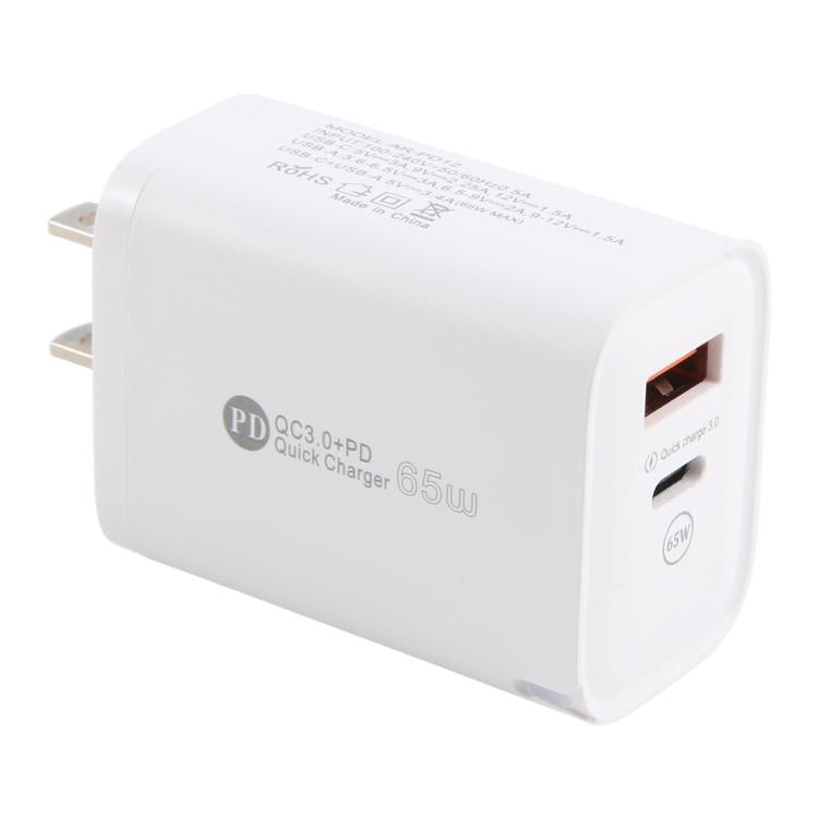 Carregador Rápido AR-PD12 65W QC3.0 USB e USB-C / Type-C PD, Ficha EUA, Ficha EUA