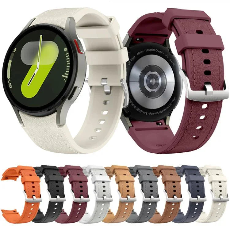 Correia de Relógio em Couro e Silicone com Fivela de Pino Prateada, Para Samsung Galaxy Watch 7 / 6 / 5 / 4