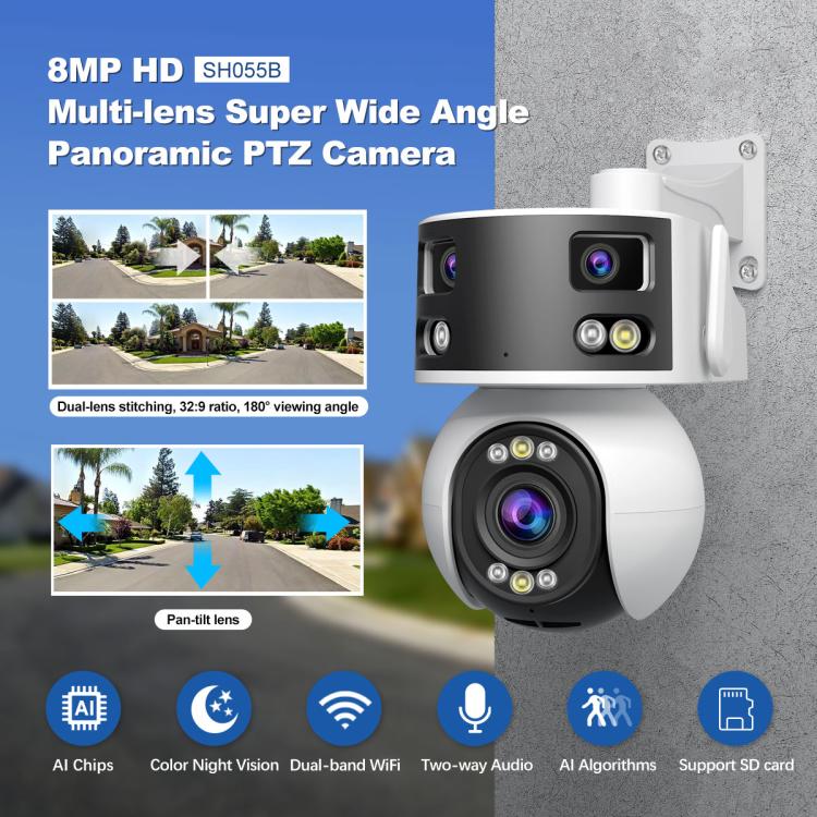 Câmara PTZ Dome Panorâmica Super Grande Angular Multi-lente HD 8MP SriHome SH055B, SH055B