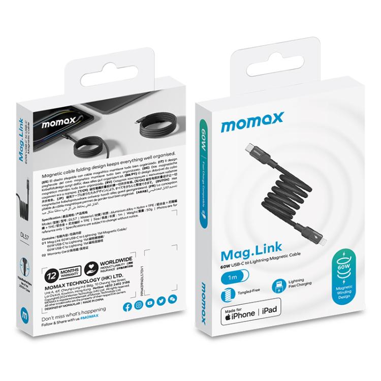 MOMAX DL57D Mag.Link 60W Cabo de Dados Magnético Trançado de Carregamento Rápido Tipo-C para 8 Pinos, Comprimento: 1m
