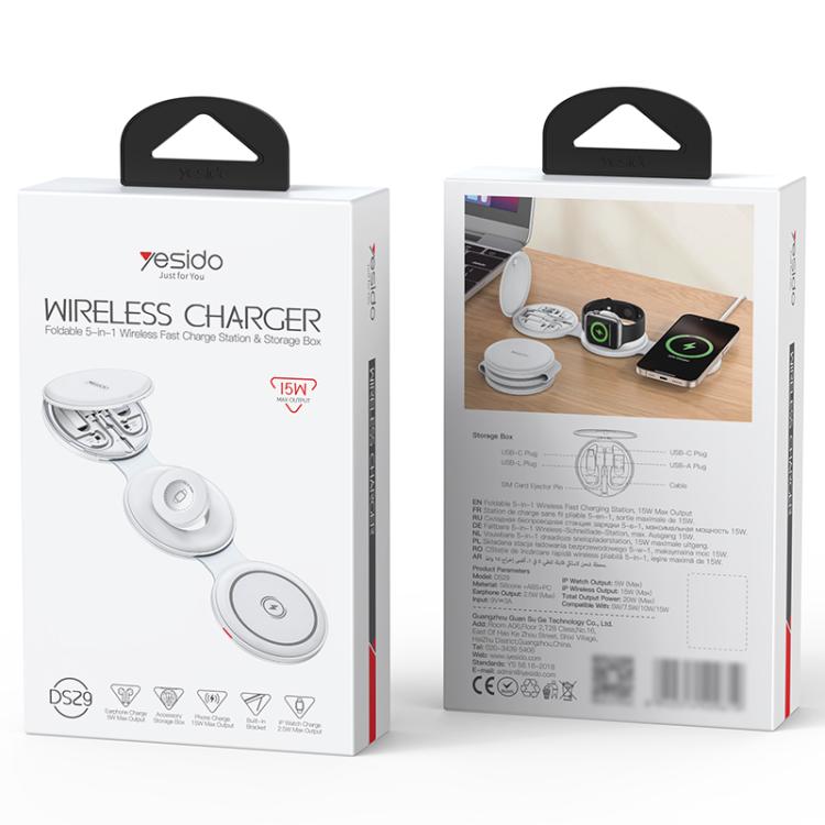 Yesido DS29 Carregador Sem Fios Dobrável 5 em 1 para Telemóvel / Relógio / Auriculares, DS29