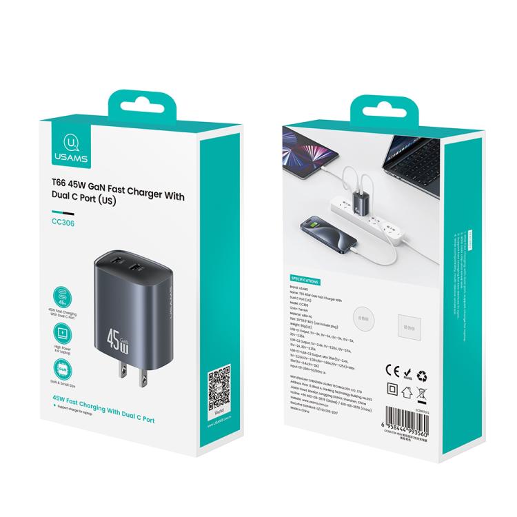 USAMS CC306 T66 Carregador Rápido GaN 45W Dual USB-C / Type-C, Ficha US, CC306