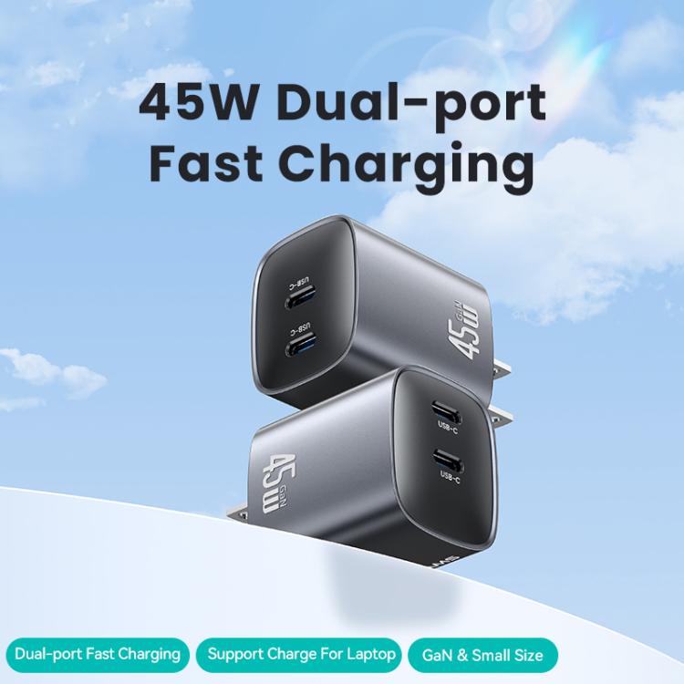 USAMS CC306 T66 Carregador Rápido GaN 45W Dual USB-C / Type-C, Ficha US, CC306
