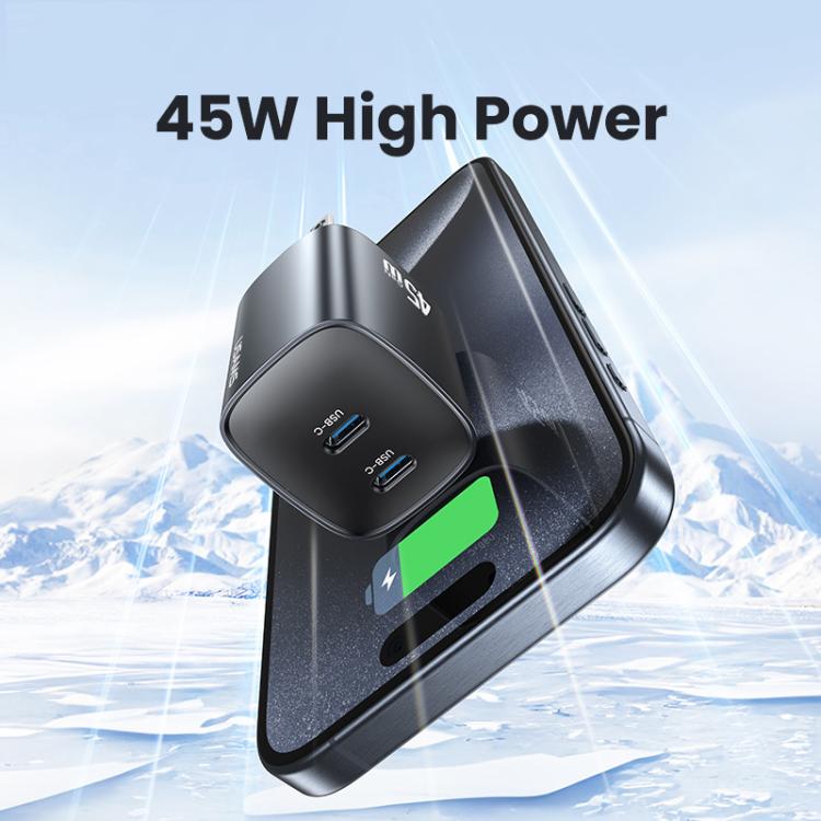 USAMS CC306 T66 Carregador Rápido GaN 45W Dual USB-C / Type-C, Ficha US, CC306