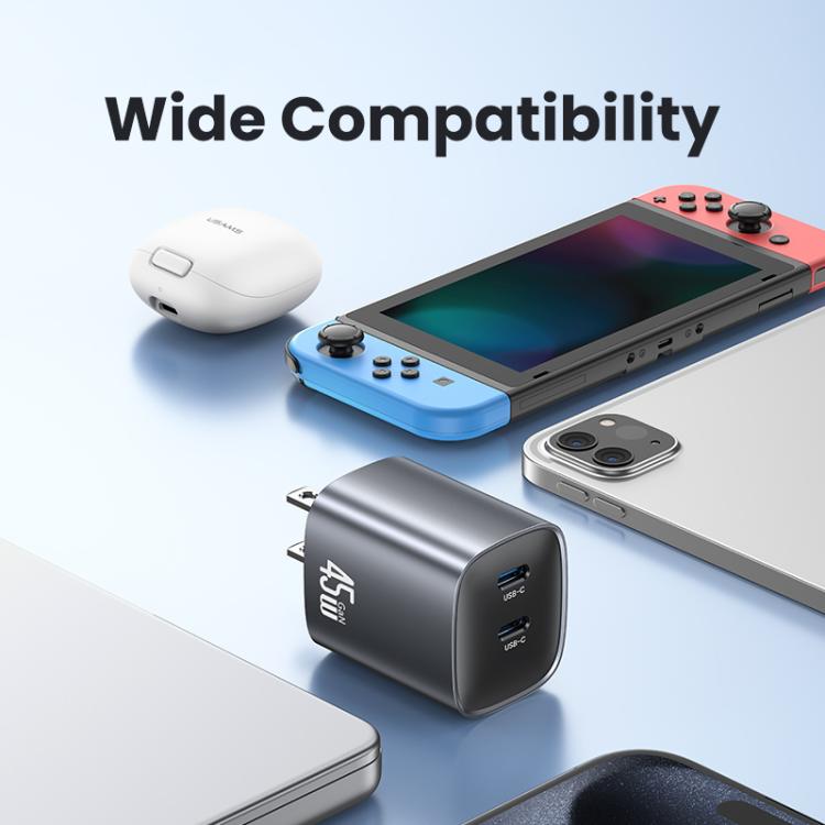 USAMS CC306 T66 Carregador Rápido GaN 45W Dual USB-C / Type-C, Ficha US, CC306