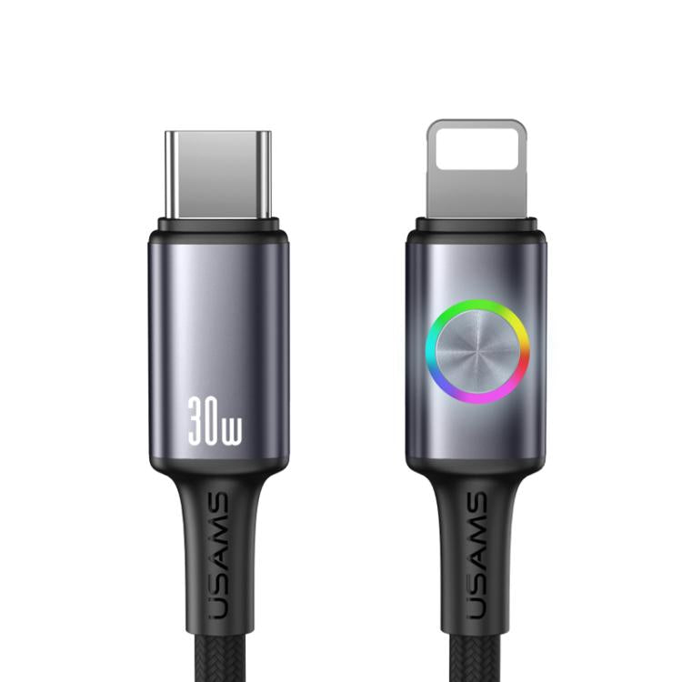 USAMS SJ753 Cabo de Dados de Liga de Alumínio 30W Type-C para 8 Pinos com Luz Colorida, Comprimento: 1,2m, SJ753USB01, SJ753USB02