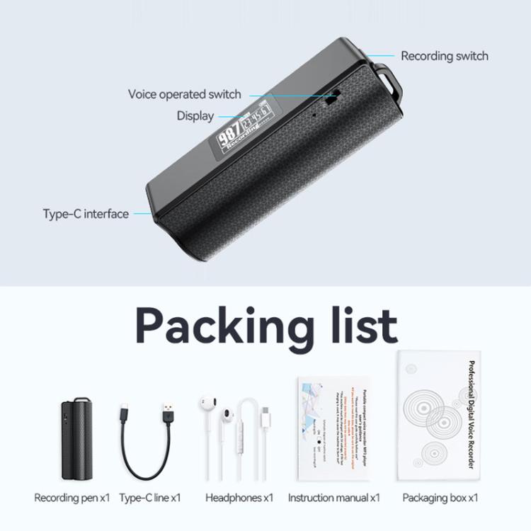Caneta Gravadora de Voz com Redução de Ruído Magnética JNN Q70P com Ecrã OLED Suporta Controlo por APP, 8GB, 16GB, 32GB, 64GB, 128GB