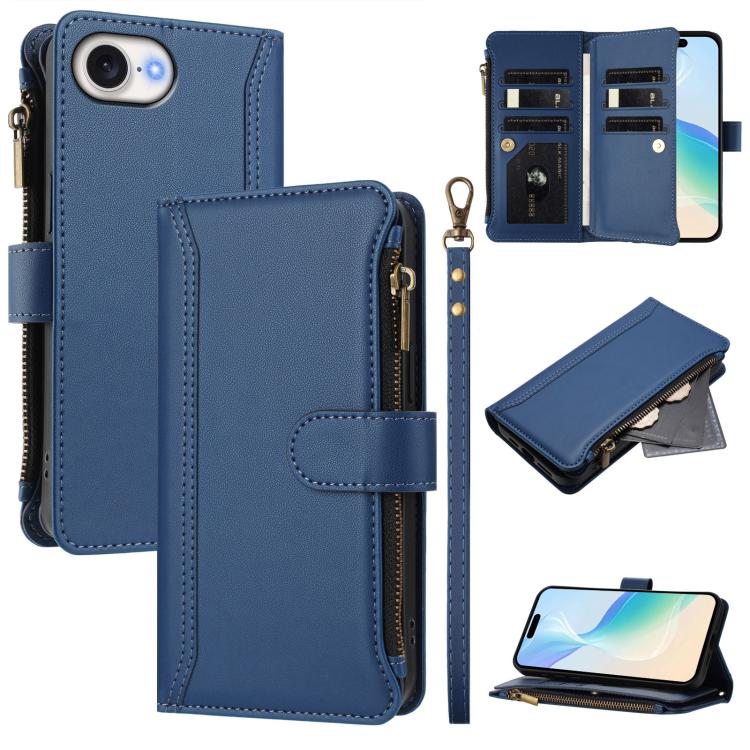 Magnetic Closure 9 Card Slots Zipper Leather Case with Hand Strap, For iPhone 17e / 16e, For iPhone 17 Pro Max, For iPhone 17 Pro, For iPhone 17, For iPhone Air, For iPhone 16 Pro Max, For iPhone 16 Pro, For iPhone 16 Plus
