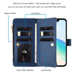 Magnetic Closure 9 Card Slots Zipper Leather Case with Hand Strap, For iPhone 17e / 16e, For iPhone 17 Pro Max, For iPhone 17 Pro, For iPhone 17, For iPhone Air, For iPhone 16 Pro Max, For iPhone 16 Pro, For iPhone 16 Plus