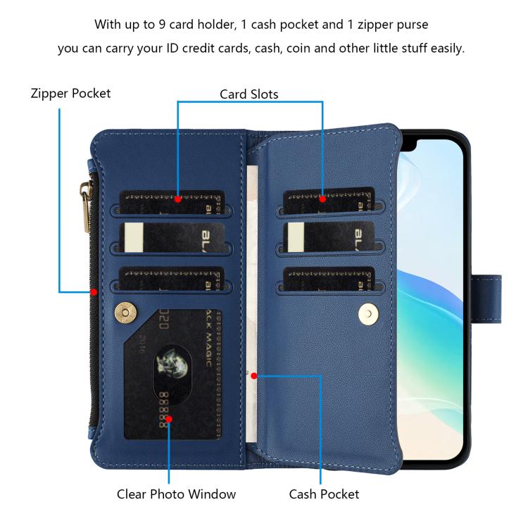 Magnetic Closure 9 Card Slots Zipper Leather Case with Hand Strap, For iPhone 17e / 16e, For iPhone 17 Pro Max, For iPhone 17 Pro, For iPhone 17, For iPhone Air, For iPhone 16 Pro Max, For iPhone 16 Pro, For iPhone 16 Plus
