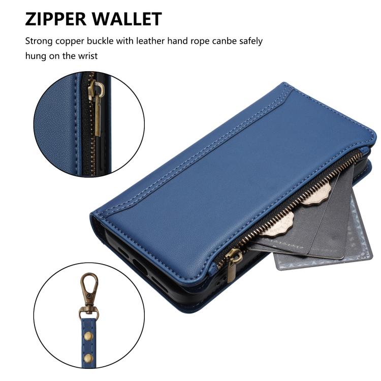Magnetic Closure 9 Card Slots Zipper Leather Case with Hand Strap, For iPhone 17e / 16e, For iPhone 17 Pro Max, For iPhone 17 Pro, For iPhone 17, For iPhone Air, For iPhone 16 Pro Max, For iPhone 16 Pro, For iPhone 16 Plus