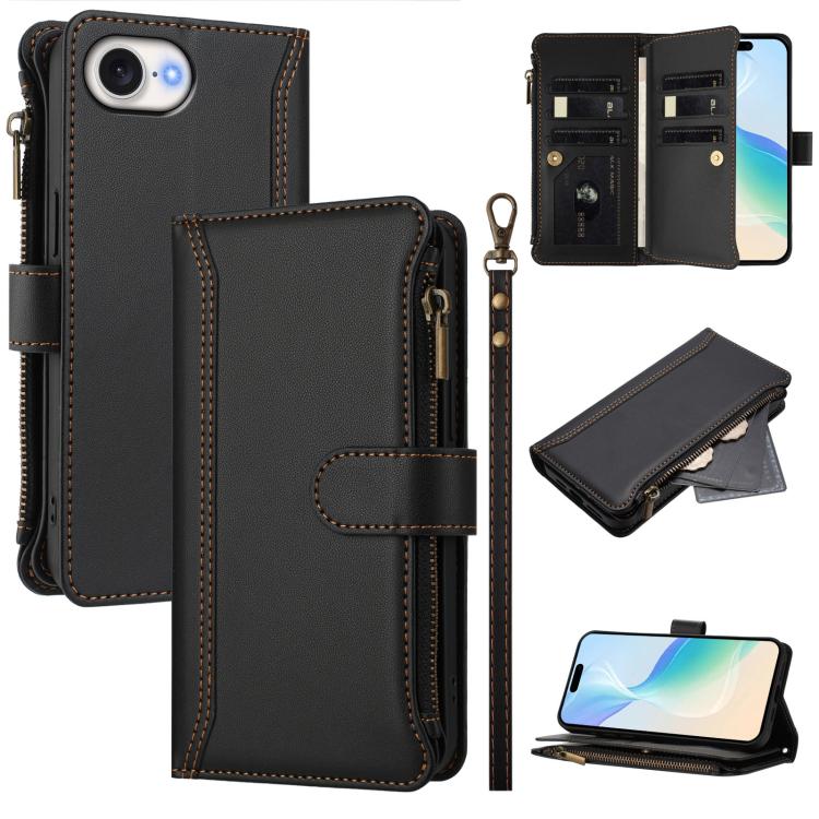 Magnetic Closure 9 Card Slots Zipper Leather Case with Hand Strap, For iPhone 17e / 16e, For iPhone 17 Pro Max, For iPhone 17 Pro, For iPhone 17, For iPhone Air, For iPhone 16 Pro Max, For iPhone 16 Pro, For iPhone 16 Plus