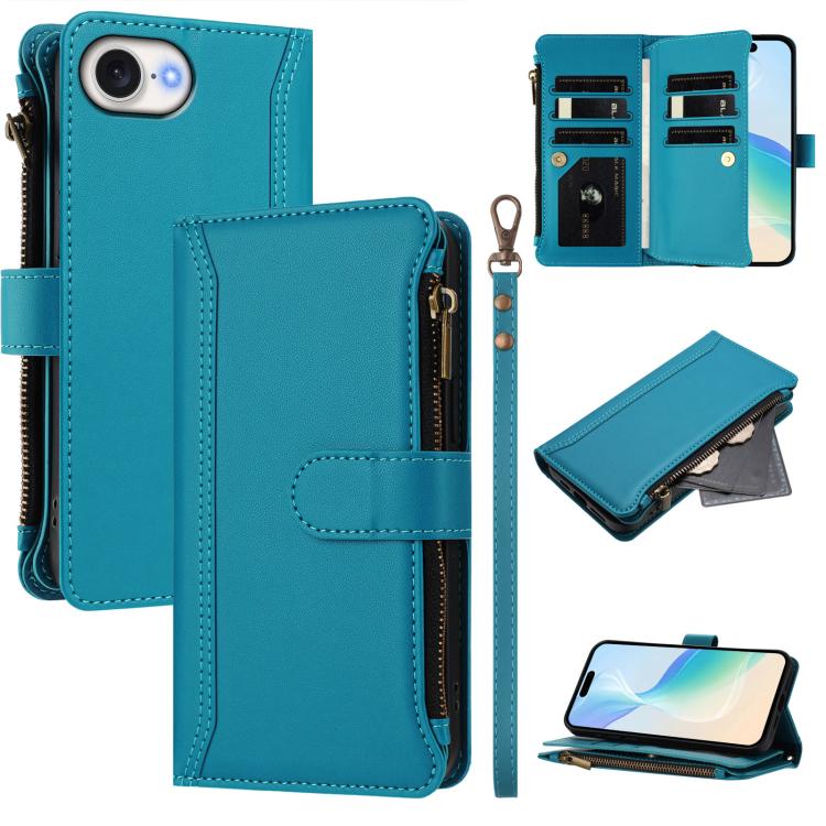 Magnetic Closure 9 Card Slots Zipper Leather Case with Hand Strap, For iPhone 17e / 16e, For iPhone 17 Pro Max, For iPhone 17 Pro, For iPhone 17, For iPhone Air, For iPhone 16 Pro Max, For iPhone 16 Pro, For iPhone 16 Plus