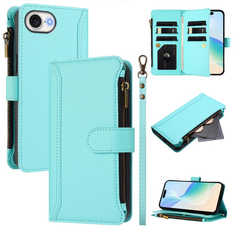 Magnetic Closure 9 Card Slots Zipper Leather Case with Hand Strap, For iPhone 17e / 16e, For iPhone 17 Pro Max, For iPhone 17 Pro, For iPhone 17, For iPhone Air, For iPhone 16 Pro Max, For iPhone 16 Pro, For iPhone 16 Plus