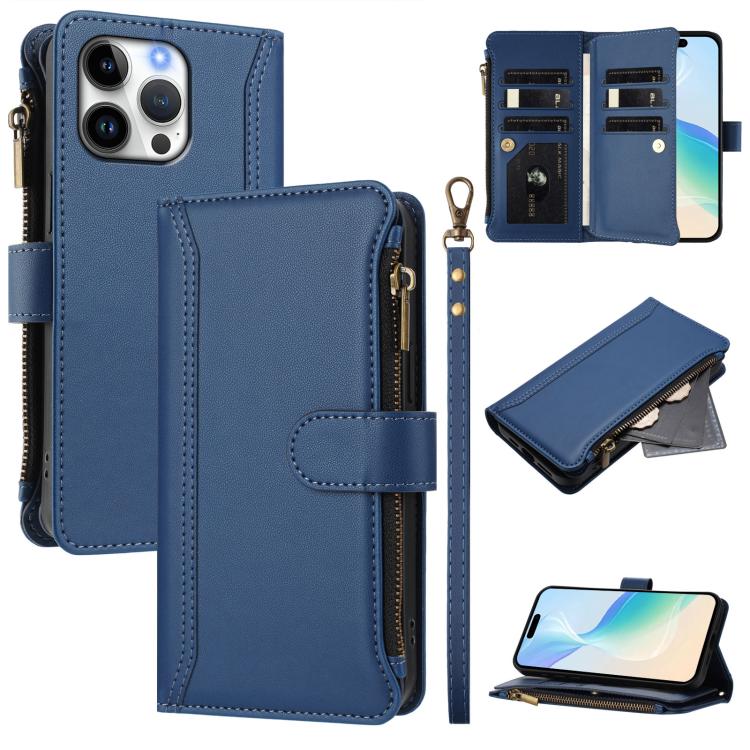 Magnetic Closure 9 Card Slots Zipper Leather Case with Hand Strap, For iPhone 17e / 16e, For iPhone 17 Pro Max, For iPhone 17 Pro, For iPhone 17, For iPhone Air, For iPhone 16 Pro Max, For iPhone 16 Pro, For iPhone 16 Plus