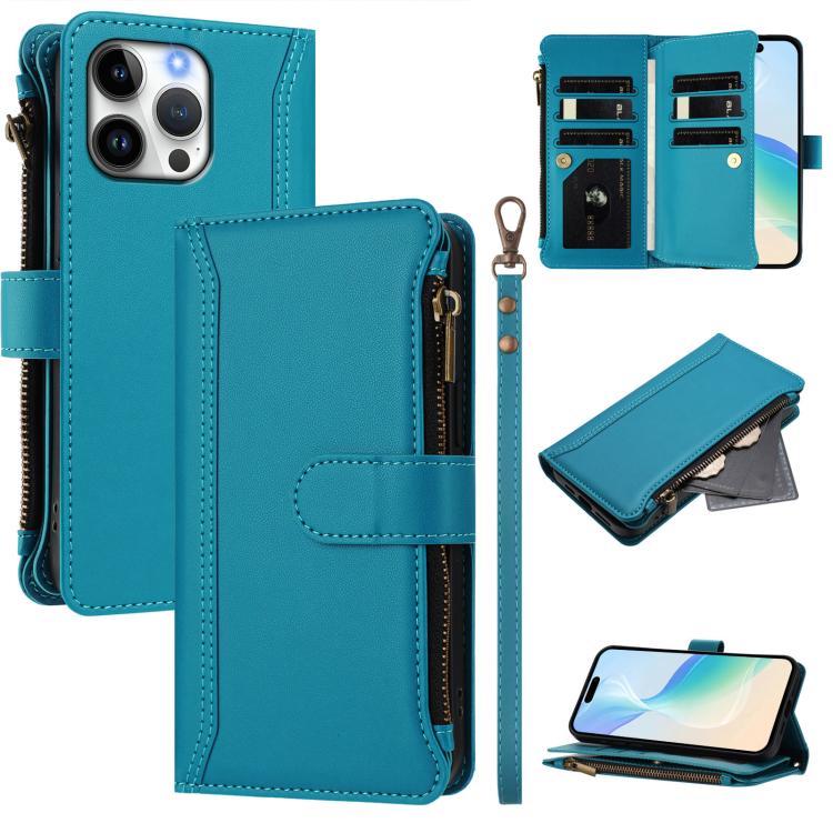 Magnetic Closure 9 Card Slots Zipper Leather Case with Hand Strap, For iPhone 17e / 16e, For iPhone 17 Pro Max, For iPhone 17 Pro, For iPhone 17, For iPhone Air, For iPhone 16 Pro Max, For iPhone 16 Pro, For iPhone 16 Plus