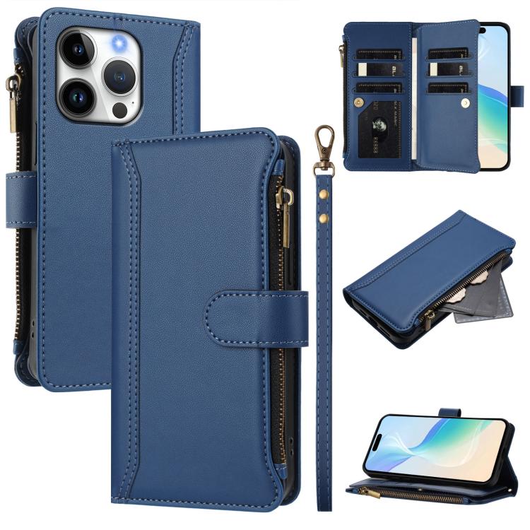 Magnetic Closure 9 Card Slots Zipper Leather Case with Hand Strap, For iPhone 17e / 16e, For iPhone 17 Pro Max, For iPhone 17 Pro, For iPhone 17, For iPhone Air, For iPhone 16 Pro Max, For iPhone 16 Pro, For iPhone 16 Plus