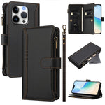 Magnetic Closure 9 Card Slots Zipper Leather Case with Hand Strap, For iPhone 17e / 16e, For iPhone 17 Pro Max, For iPhone 17 Pro, For iPhone 17, For iPhone Air, For iPhone 16 Pro Max, For iPhone 16 Pro, For iPhone 16 Plus