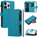 Magnetic Closure 9 Card Slots Zipper Leather Case with Hand Strap, For iPhone 17e / 16e, For iPhone 17 Pro Max, For iPhone 17 Pro, For iPhone 17, For iPhone Air, For iPhone 16 Pro Max, For iPhone 16 Pro, For iPhone 16 Plus