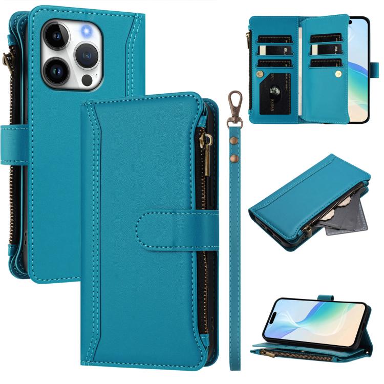 Magnetic Closure 9 Card Slots Zipper Leather Case with Hand Strap, For iPhone 17e / 16e, For iPhone 17 Pro Max, For iPhone 17 Pro, For iPhone 17, For iPhone Air, For iPhone 16 Pro Max, For iPhone 16 Pro, For iPhone 16 Plus