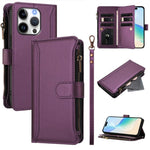 Magnetic Closure 9 Card Slots Zipper Leather Case with Hand Strap, For iPhone 17e / 16e, For iPhone 17 Pro Max, For iPhone 17 Pro, For iPhone 17, For iPhone Air, For iPhone 16 Pro Max, For iPhone 16 Pro, For iPhone 16 Plus