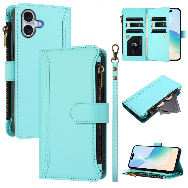 Magnetic Closure 9 Card Slots Zipper Leather Case with Hand Strap, For iPhone 17e / 16e, For iPhone 17 Pro Max, For iPhone 17 Pro, For iPhone 17, For iPhone Air, For iPhone 16 Pro Max, For iPhone 16 Pro, For iPhone 16 Plus