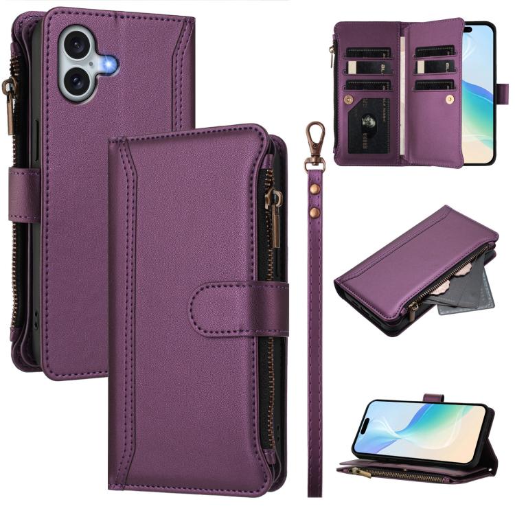 Magnetic Closure 9 Card Slots Zipper Leather Case with Hand Strap, For iPhone 17e / 16e, For iPhone 17 Pro Max, For iPhone 17 Pro, For iPhone 17, For iPhone Air, For iPhone 16 Pro Max, For iPhone 16 Pro, For iPhone 16 Plus