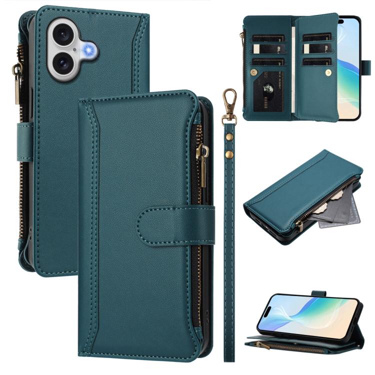 Magnetic Closure 9 Card Slots Zipper Leather Case with Hand Strap, For iPhone 17e / 16e, For iPhone 17 Pro Max, For iPhone 17 Pro, For iPhone 17, For iPhone Air, For iPhone 16 Pro Max, For iPhone 16 Pro, For iPhone 16 Plus
