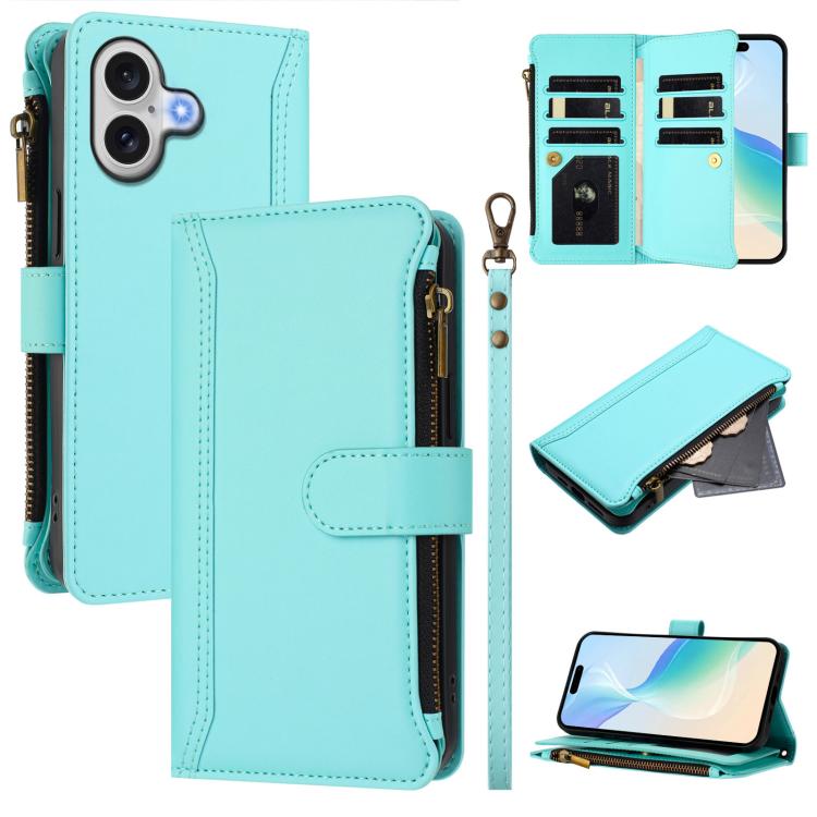 Magnetic Closure 9 Card Slots Zipper Leather Case with Hand Strap, For iPhone 17e / 16e, For iPhone 17 Pro Max, For iPhone 17 Pro, For iPhone 17, For iPhone Air, For iPhone 16 Pro Max, For iPhone 16 Pro, For iPhone 16 Plus