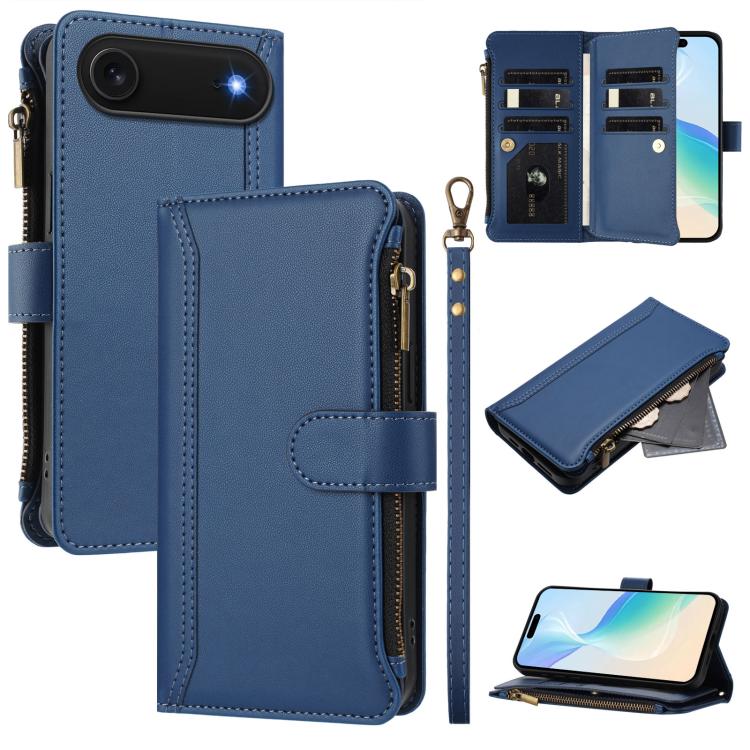 Magnetic Closure 9 Card Slots Zipper Leather Case with Hand Strap, For iPhone 17e / 16e, For iPhone 17 Pro Max, For iPhone 17 Pro, For iPhone 17, For iPhone Air, For iPhone 16 Pro Max, For iPhone 16 Pro, For iPhone 16 Plus