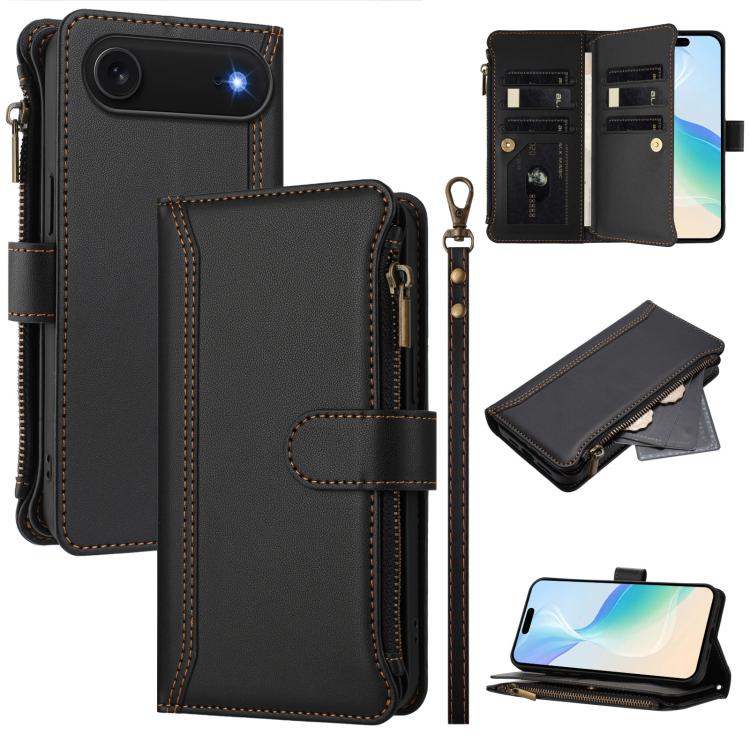 Magnetic Closure 9 Card Slots Zipper Leather Case with Hand Strap, For iPhone 17e / 16e, For iPhone 17 Pro Max, For iPhone 17 Pro, For iPhone 17, For iPhone Air, For iPhone 16 Pro Max, For iPhone 16 Pro, For iPhone 16 Plus
