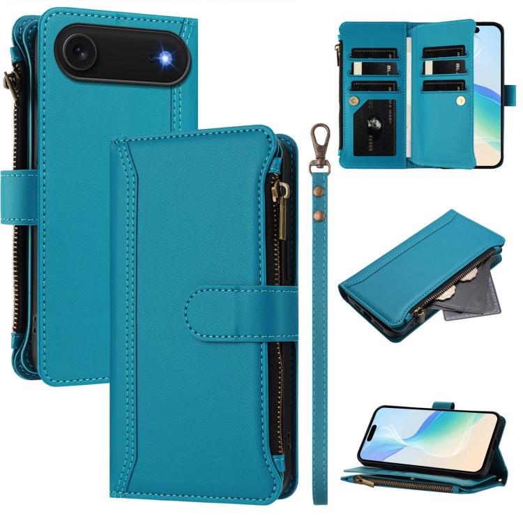 Magnetic Closure 9 Card Slots Zipper Leather Case with Hand Strap, For iPhone 17e / 16e, For iPhone 17 Pro Max, For iPhone 17 Pro, For iPhone 17, For iPhone Air, For iPhone 16 Pro Max, For iPhone 16 Pro, For iPhone 16 Plus