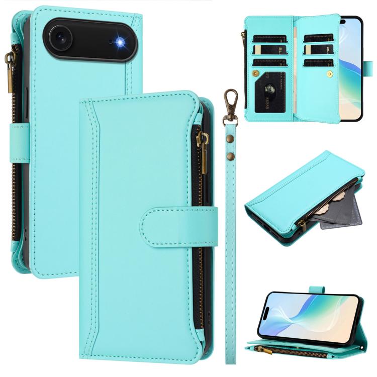 Magnetic Closure 9 Card Slots Zipper Leather Case with Hand Strap, For iPhone 17e / 16e, For iPhone 17 Pro Max, For iPhone 17 Pro, For iPhone 17, For iPhone Air, For iPhone 16 Pro Max, For iPhone 16 Pro, For iPhone 16 Plus
