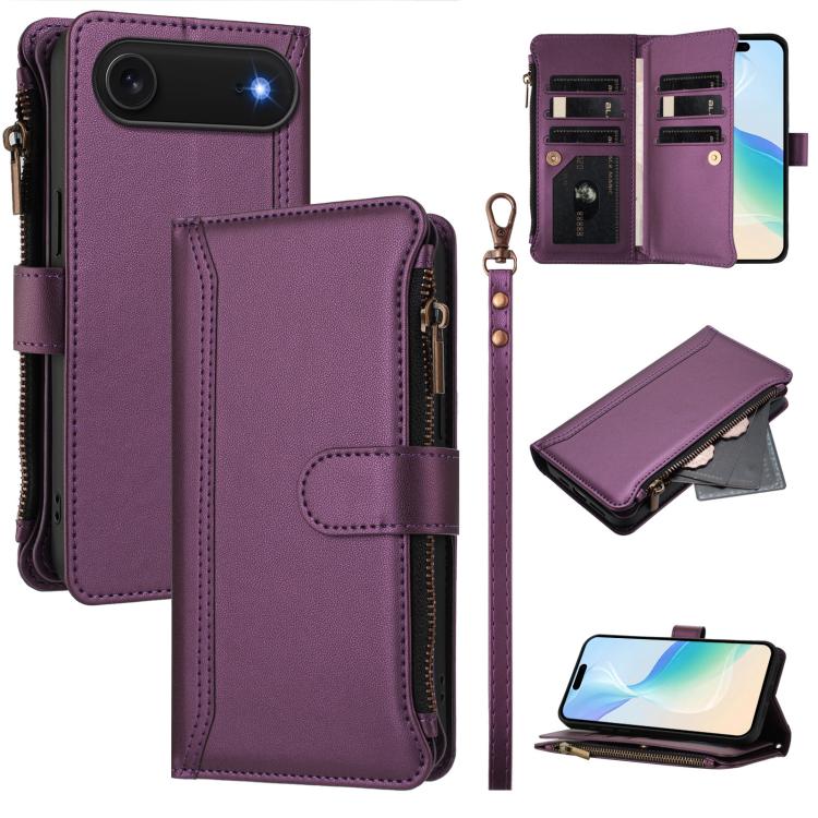Magnetic Closure 9 Card Slots Zipper Leather Case with Hand Strap, For iPhone 17e / 16e, For iPhone 17 Pro Max, For iPhone 17 Pro, For iPhone 17, For iPhone Air, For iPhone 16 Pro Max, For iPhone 16 Pro, For iPhone 16 Plus