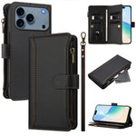 Magnetic Closure 9 Card Slots Zipper Leather Case with Hand Strap, For iPhone 17e / 16e, For iPhone 17 Pro Max, For iPhone 17 Pro, For iPhone 17, For iPhone Air, For iPhone 16 Pro Max, For iPhone 16 Pro, For iPhone 16 Plus