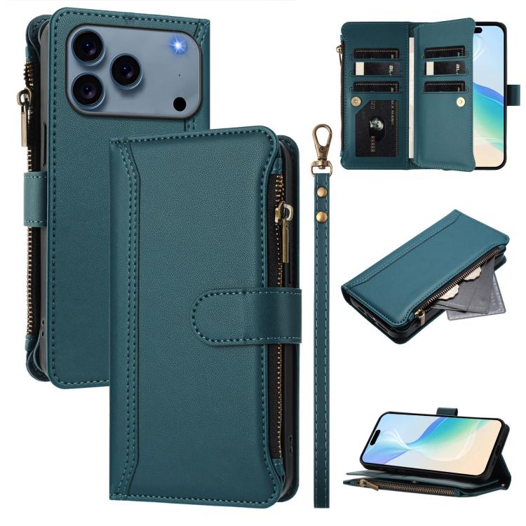 Magnetic Closure 9 Card Slots Zipper Leather Case with Hand Strap, For iPhone 17e / 16e, For iPhone 17 Pro Max, For iPhone 17 Pro, For iPhone 17, For iPhone Air, For iPhone 16 Pro Max, For iPhone 16 Pro, For iPhone 16 Plus