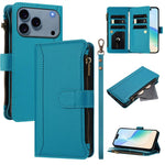 Magnetic Closure 9 Card Slots Zipper Leather Case with Hand Strap, For iPhone 17e / 16e, For iPhone 17 Pro Max, For iPhone 17 Pro, For iPhone 17, For iPhone Air, For iPhone 16 Pro Max, For iPhone 16 Pro, For iPhone 16 Plus