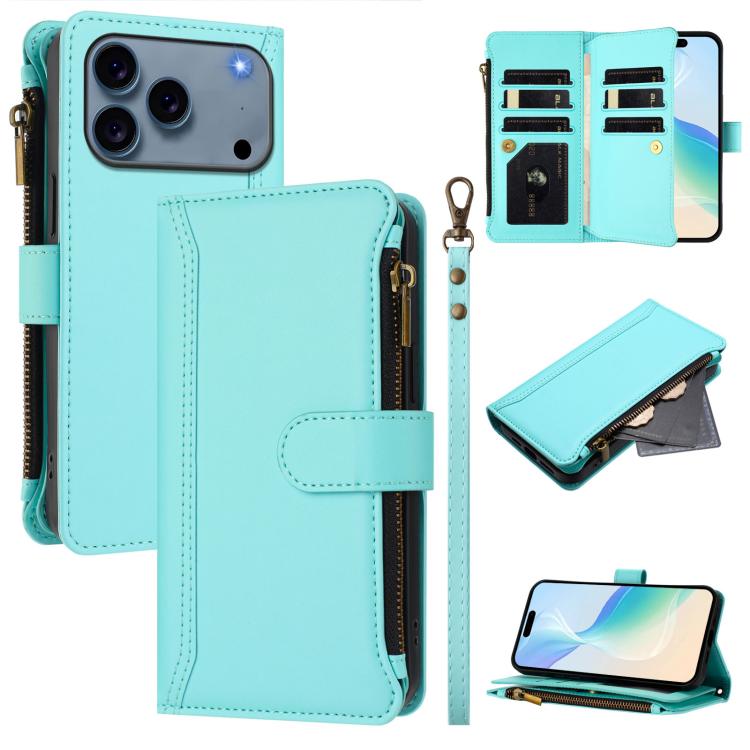 Magnetic Closure 9 Card Slots Zipper Leather Case with Hand Strap, For iPhone 17e / 16e, For iPhone 17 Pro Max, For iPhone 17 Pro, For iPhone 17, For iPhone Air, For iPhone 16 Pro Max, For iPhone 16 Pro, For iPhone 16 Plus