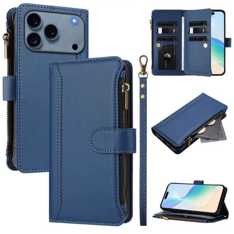 Magnetic Closure 9 Card Slots Zipper Leather Case with Hand Strap, For iPhone 17e / 16e, For iPhone 17 Pro Max, For iPhone 17 Pro, For iPhone 17, For iPhone Air, For iPhone 16 Pro Max, For iPhone 16 Pro, For iPhone 16 Plus