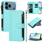 Magnetic Closure 9 Card Slots Zipper Leather Case with Hand Strap, For iPhone 17e / 16e, For iPhone 17 Pro Max, For iPhone 17 Pro, For iPhone 17, For iPhone Air, For iPhone 16 Pro Max, For iPhone 16 Pro, For iPhone 16 Plus
