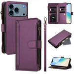 Magnetic Closure 9 Card Slots Zipper Leather Case with Hand Strap, For iPhone 17e / 16e, For iPhone 17 Pro Max, For iPhone 17 Pro, For iPhone 17, For iPhone Air, For iPhone 16 Pro Max, For iPhone 16 Pro, For iPhone 16 Plus