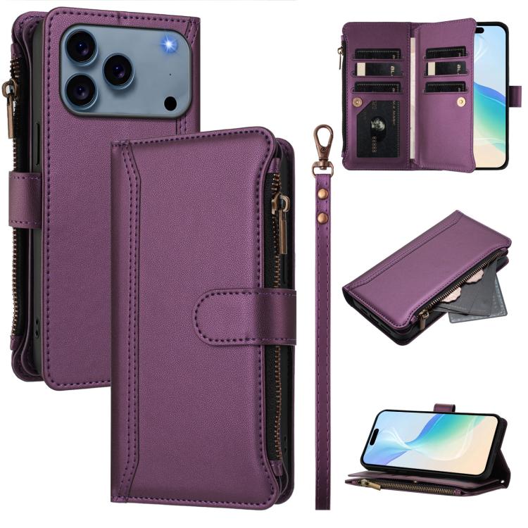 Magnetic Closure 9 Card Slots Zipper Leather Case with Hand Strap, For iPhone 17e / 16e, For iPhone 17 Pro Max, For iPhone 17 Pro, For iPhone 17, For iPhone Air, For iPhone 16 Pro Max, For iPhone 16 Pro, For iPhone 16 Plus