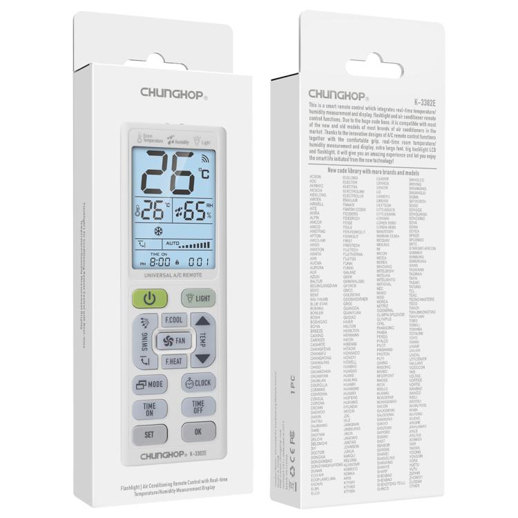 Comando Universal para Ar Condicionado CHUNGHOP K-3302E com Lanterna e Retroiluminação LCD, K-3302E