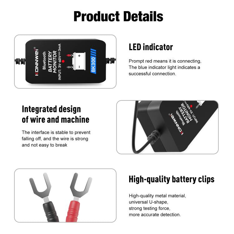KONNWEI BK300 6V / 12V / 24V Car Bluetooth 5.0 Battery Monitor Diagnostic Tool, BK300