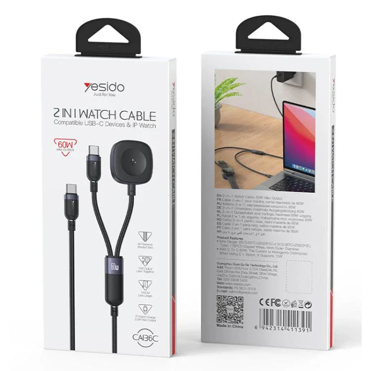Cabo de Carregamento 2 em 1 Yesido CA136C 60W USB-C / Tipo-C para Tipo-C & iWatch, CA136C