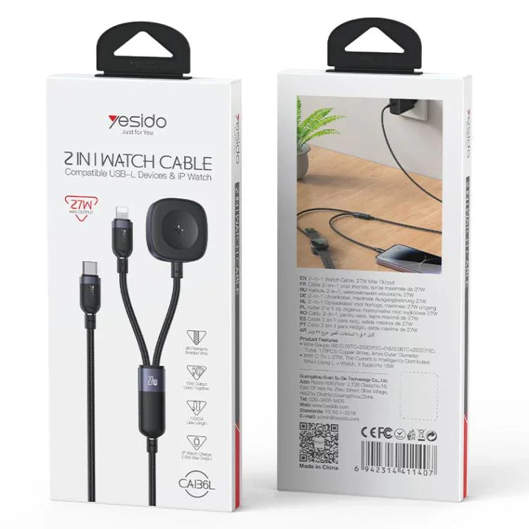 Cabo de Carregamento 2 em 1 Yesido CA136L 27W USB-C / Tipo-C para 8 Pinos & iWatch, CA136L