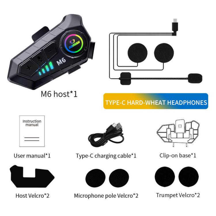 Auricular Bluetooth Estéreo com Microfone para Capacete de Motociclo SOMAN, M6-Microfone Rígido, M6-Microfone Suave