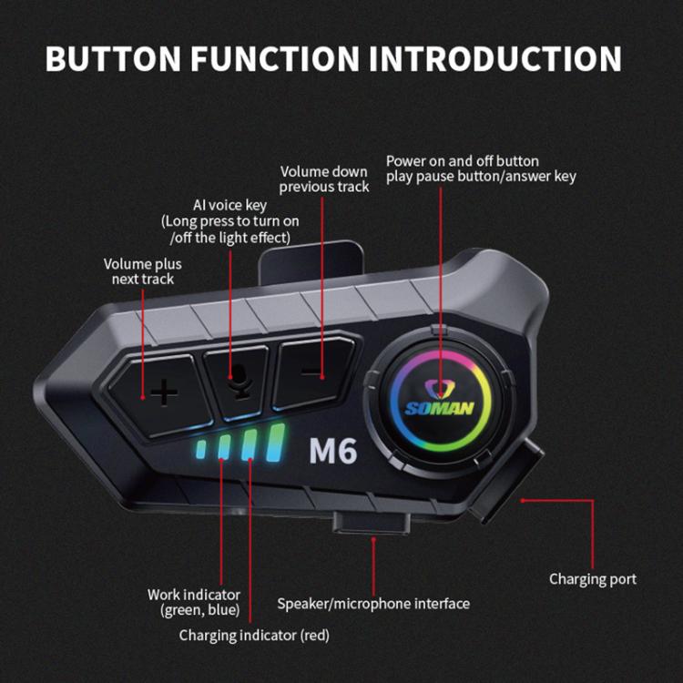 Auricular Bluetooth Estéreo com Microfone para Capacete de Motociclo SOMAN, M6-Microfone Rígido, M6-Microfone Suave